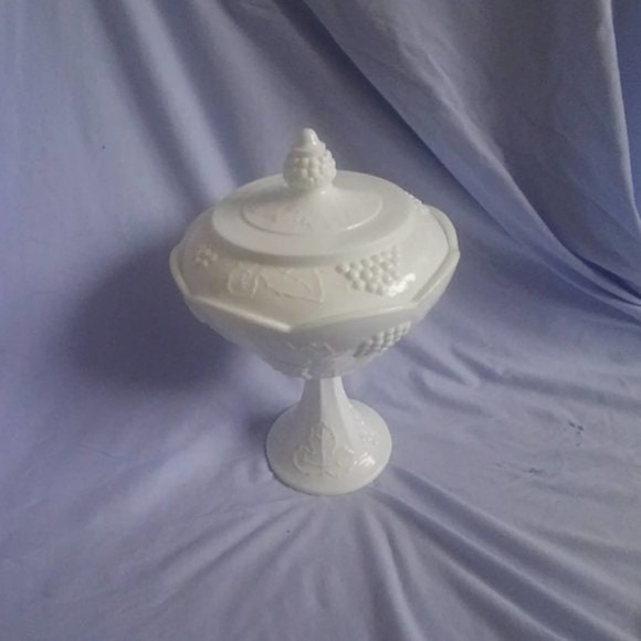 Indiana Glass Harvest Grape pedestal milkglass candy dish with lid - Picture 1 of 5